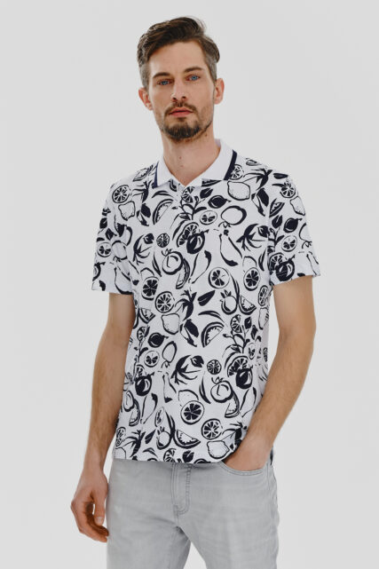 Koszulka Polo Jersey Biała Nadruk Pierre Cardin