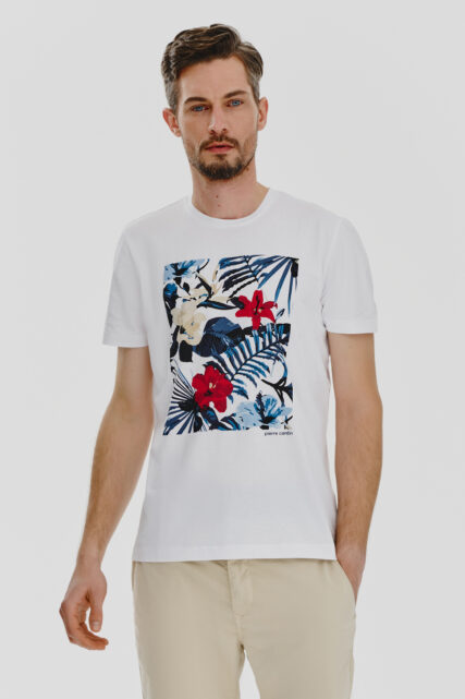 T-shirt Biały z Kwiatowym Nadrukiem Pierre Cardin