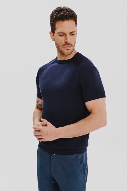 Dzianinowy T-shirt Granatowy z Jedwabiem Paulo