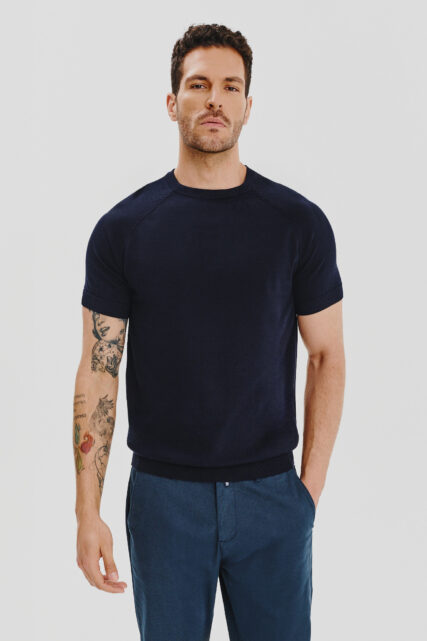 Dzianinowy T-shirt Granatowy z Jedwabiem Paulo