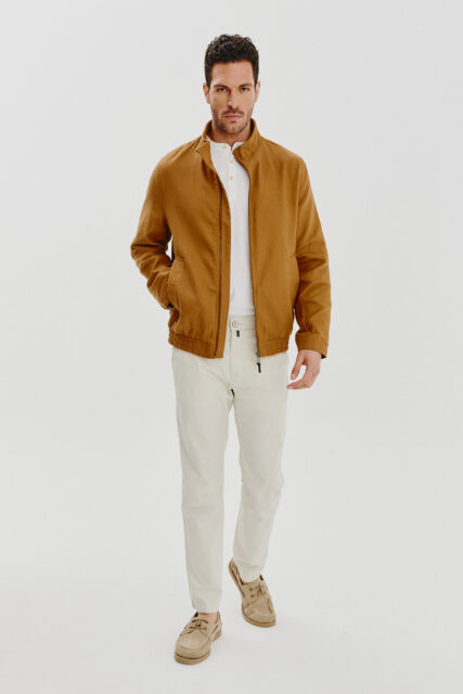 Kurtka Typu Bomber z Lnem Kamelowa Pierre Cardin
