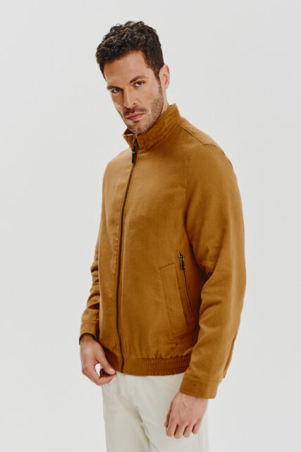 Kurtka Typu Bomber z Lnem Kamelowa Pierre Cardin