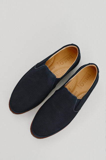 Buty Wsuwane z Perforowanej Skóry Nubuk Granatowe Paulo