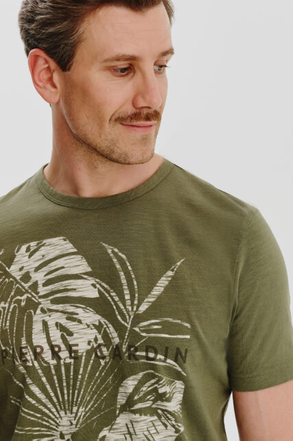 T-shirt Bawełniany Khaki z Nadrukiem Pierre Cardin