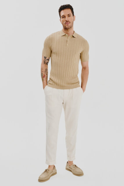 Dzianinowe Polo w Prążek Beżowe Pierre Cardin
