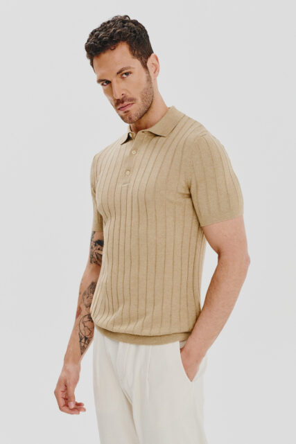 Dzianinowe Polo w Prążek Beżowe Pierre Cardin