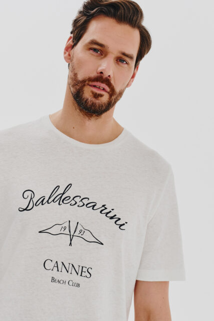 T-shirt z Lnem Tarini Kremowy Baldessarini