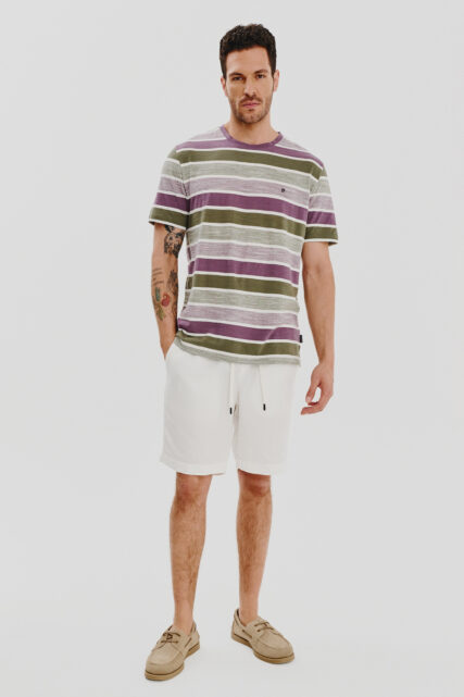T-shirt Bawełniany Zielono-Fioletowy w Paski Pierre Cardin