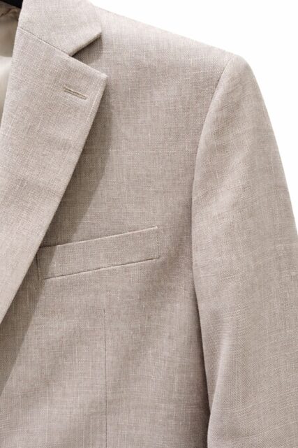 Beżowa Marynarka Garniturowa z Lnu i Bawełny Paulo