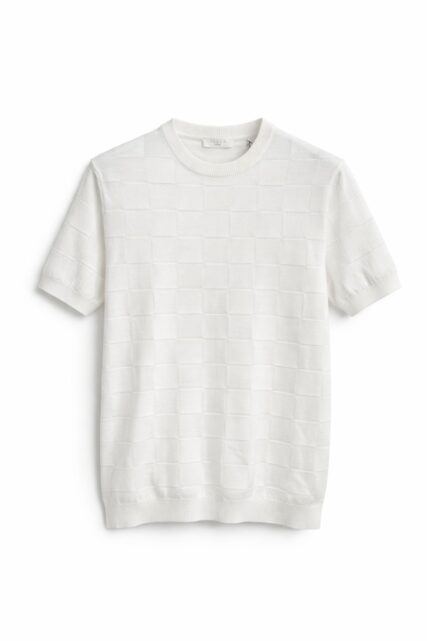 Biały Dzianinowy T-shirt w Szachownicę Paulo