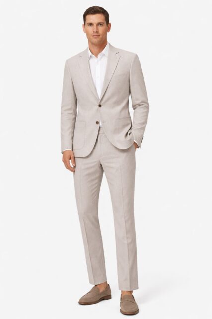 Beżowa Marynarka Garniturowa z Lnu i Bawełny Paulo