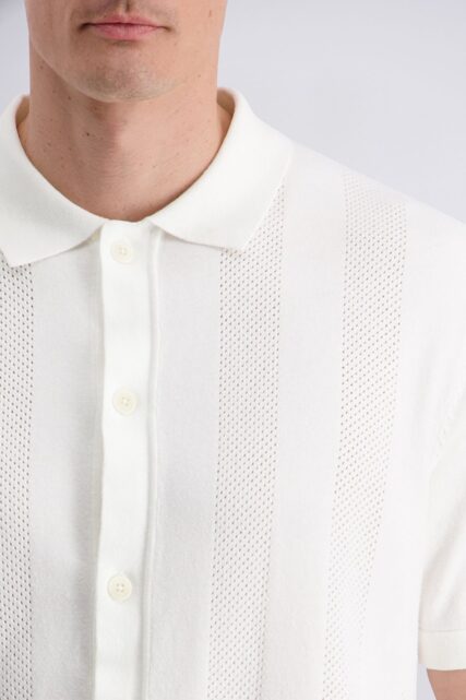 Biała Koszulka Polo w Ażurowe Pasy Pierre Cardin