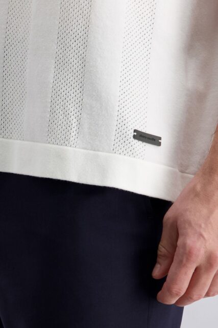 Biała Koszulka Polo w Ażurowe Pasy Pierre Cardin