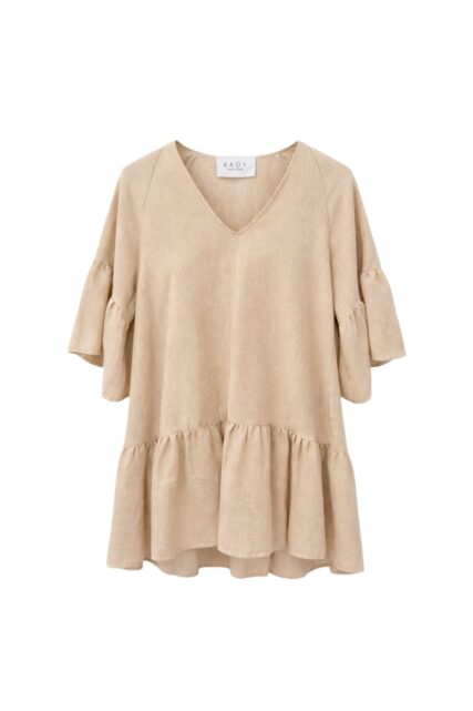 Beżowa Lniana Sukienka z Falbaną Kaos