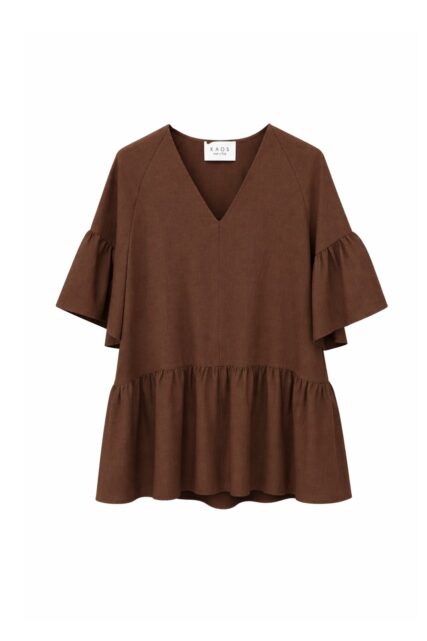 Brązowa Lniana Sukienka z Falbaną Kaos