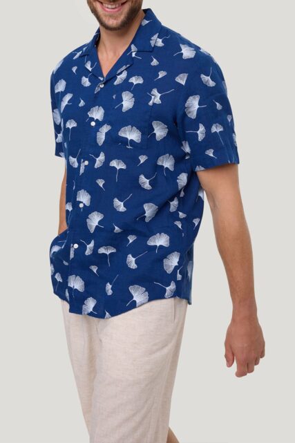 Niebieska Lniana Koszula z Krótkim Rękawem Pierre Cardin