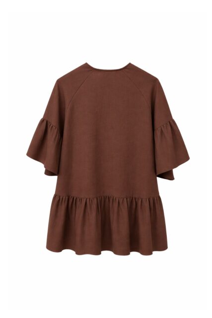 Brązowa Lniana Sukienka z Falbaną Kaos