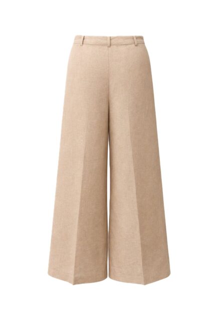 Lniane Beżowe Spodnie z Szeroką Nogawką Kaos