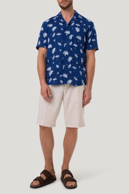 Niebieska Lniana Koszula z Krótkim Rękawem Pierre Cardin