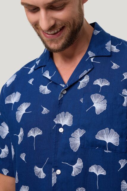 Niebieska Lniana Koszula z Krótkim Rękawem Pierre Cardin